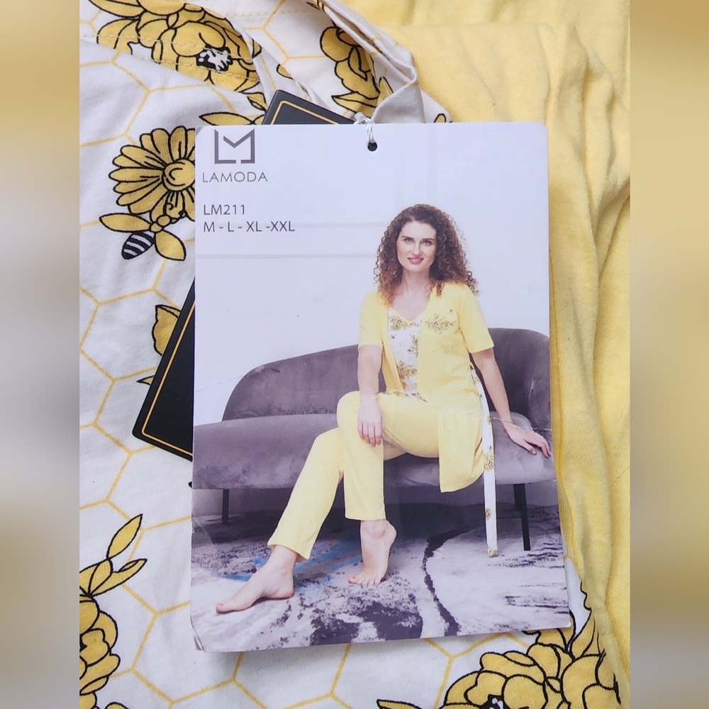 Lamoda Yellow Floral Lounge 3 Pcs Women Set Cotton Short Sleeve New Medium